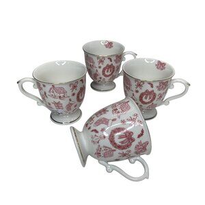 Grace Teaware Red Toile Gold Trim Christmas Mugs Set 10 oz